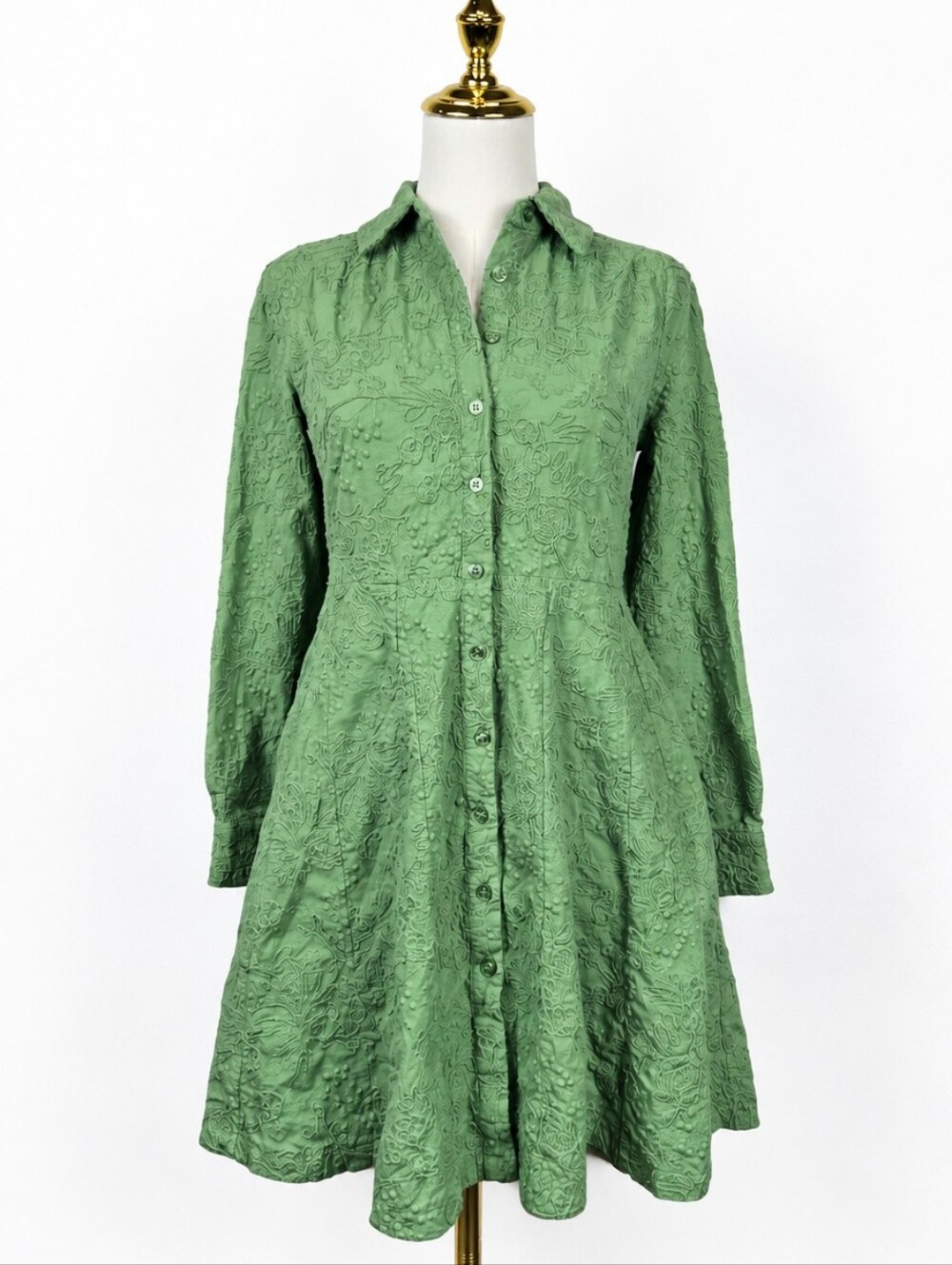Saks Fifth Avenue Green Floral Embroidered Cotton Shirt Dress Cottagecore Mini S